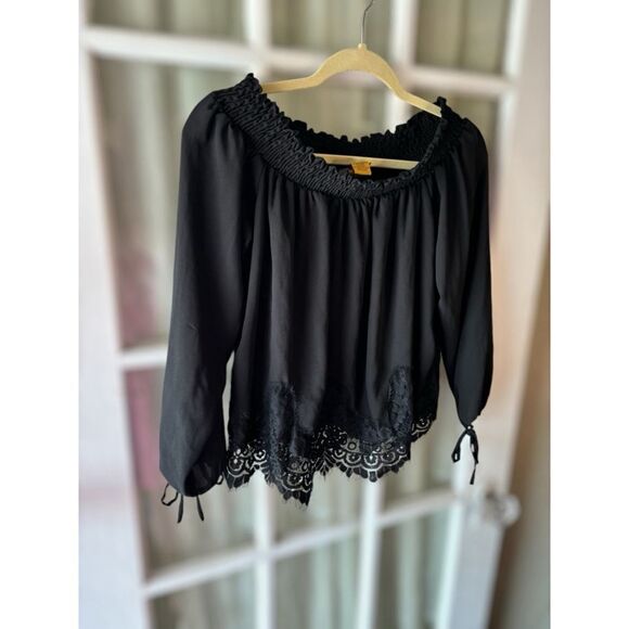 Wrangler Women’s Small Retro Black Frayed Lace Long Tie Sleeve Western Blouse - Picture 5 of 12